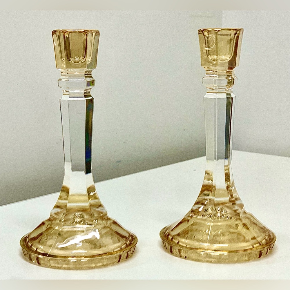 Set of 2 Vintage SC Glass Gold Trim Pale Amber Crystal Hex Candlestick Stand
